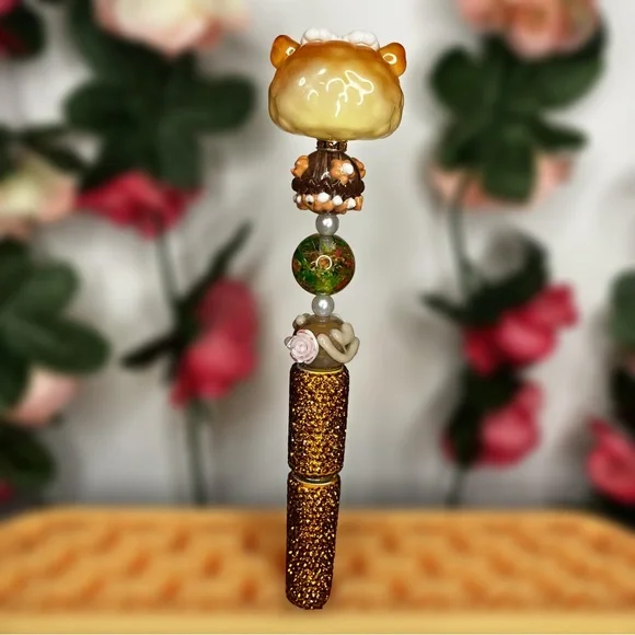 Forest Bunny Kawaii Woodsy Handmade Beaded Pen with Rhinestones - Picture 2 of 8